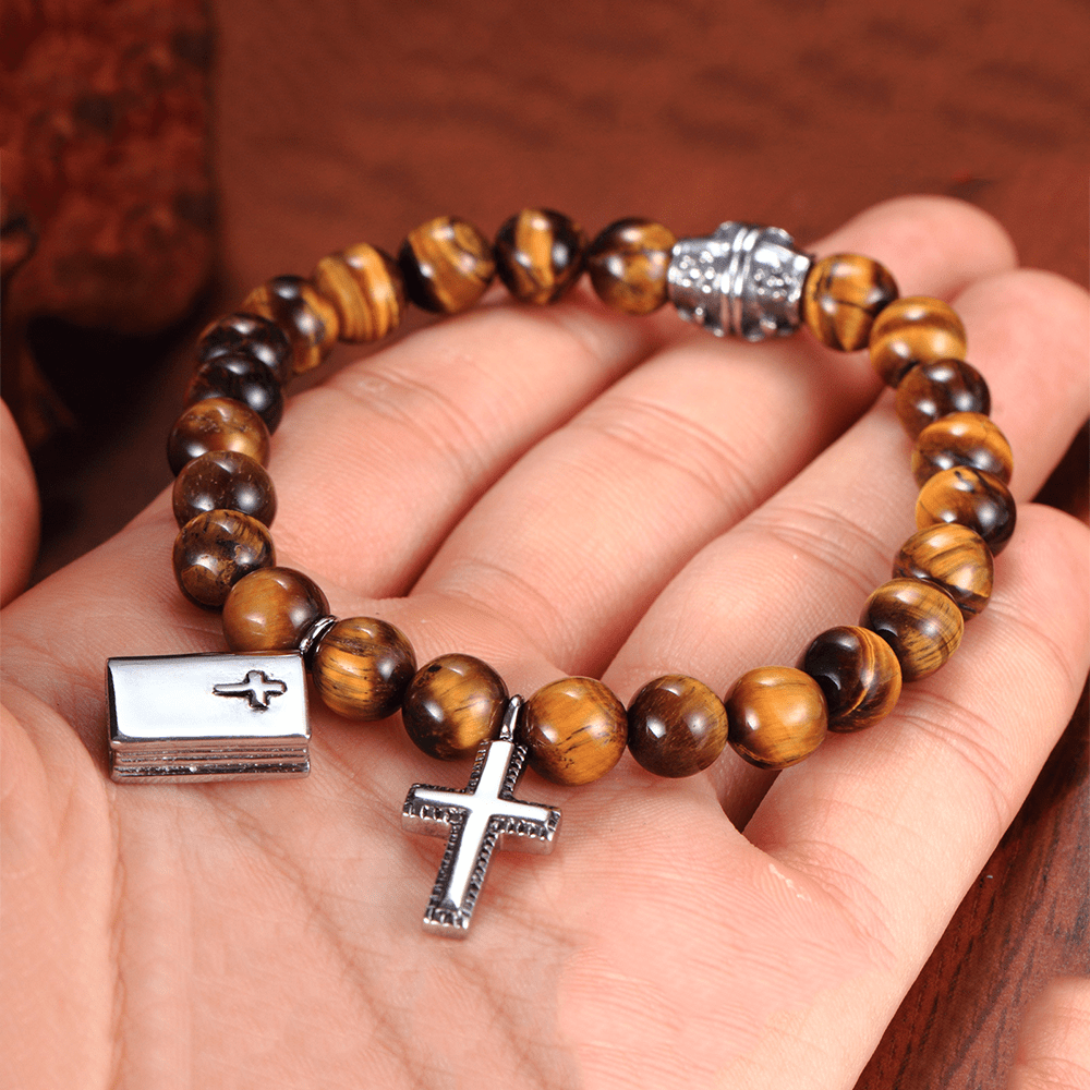AMUSOUL Bible Cross Tiger Eyes Stone Titanium Bracelet