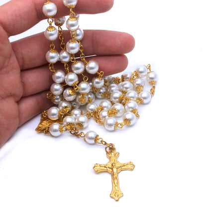 AMUSOUL White Pearl Beads Catholic Blessing Rosary